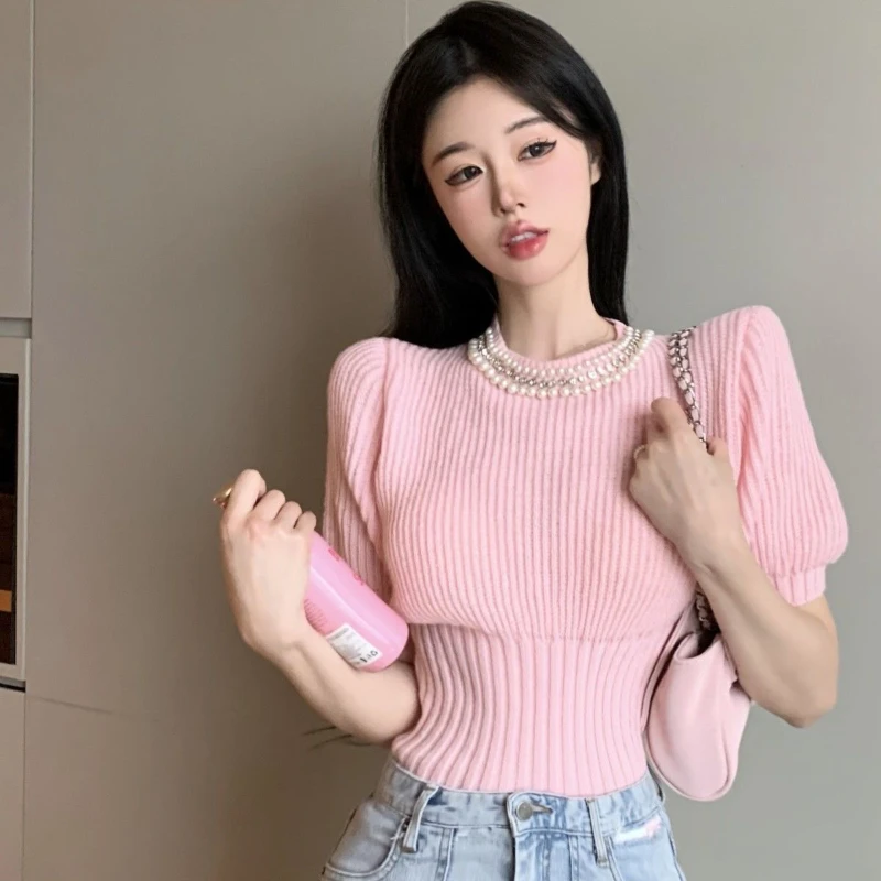 Pullovers Women Pink Puff Sleeve Solid All-match Pearls Sweet O-neck Autumn Slim Fashion Ulzzang Preppy Style Popular Casual New