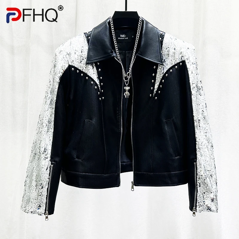 

PFHQ Autumn New Rivet Sequin Splicing Design Short Jacket Men's Trendy Contrast Color Long Sleeve Male Tops Fashion 21Z5951