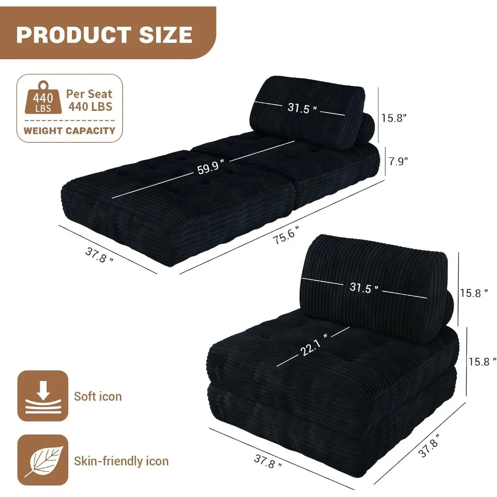 Folding Sofa Bed,Convertible Sleeper Chair,Gray Single Lounge Chair