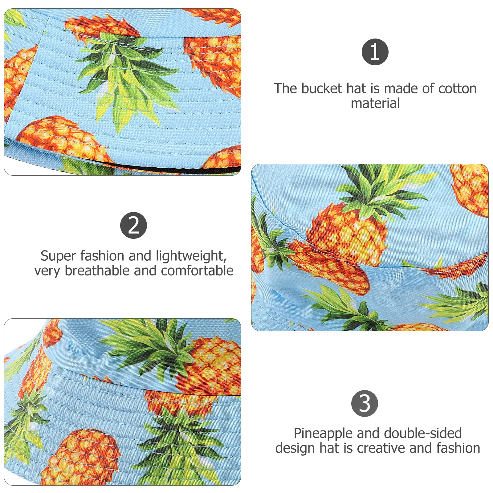 

Bucket Hat Pineapple Print Double sided Blue Sun Protection Outdoor Sports Fishing Camping LightweightBreathable