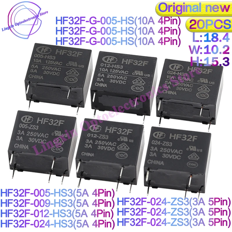 20PCS/lot HF32F-G JZC-32F HF32F - 005 012 024 - HS / HS3 / ZS3 3A 5A 10A 250VAC 4pin 5pin JZC/HF32F-G-012-HS DC5V 12V 24V Relays