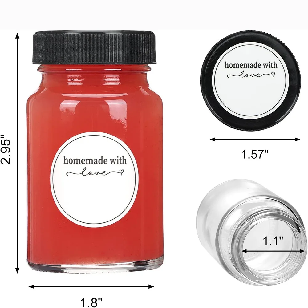 2oz Glass Jars With Lids, Small Mason Jars for Liquids, Wide Mouth Short Jars for Potion, Ginger Shots, Oils,with Stickers Brush