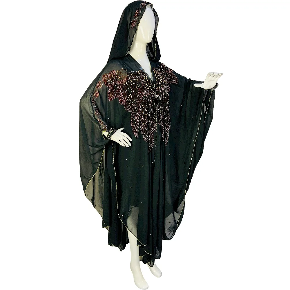 Luxury Beads Muslim Kaftan Abaya Dresses Women Dubai Turkish Chiffon Hooded Robe African Loose Boubou Moroccan Evening Maxi Gown