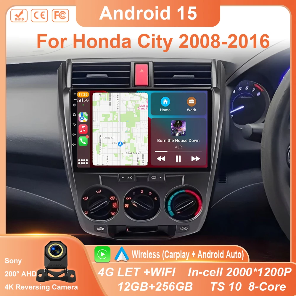 

Android 15 Carplay Auto Car Radio For Honda City 2008 2009 2010 2011 2012 2013-2016 Audio GPS Multimedia Player NO 2Din Din DVD