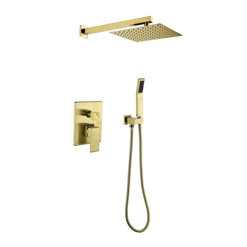 

10-Inch Brushed Gold Rain Shower Head with Handheld Combo, Wall-Mounted High-Pressure Dual Shower System, Complete Faucet Set with Valve and Trim