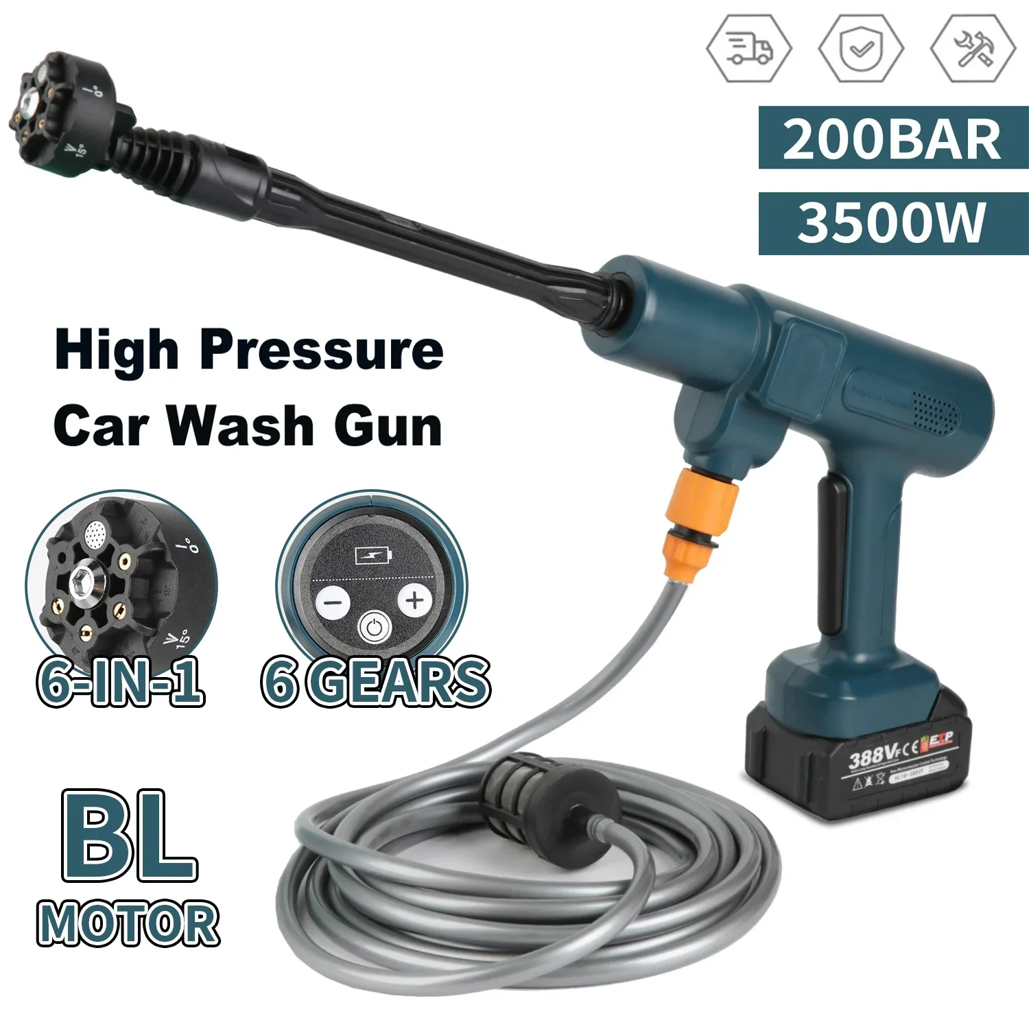 

l 6 in 1 200Bar 3500W High Pressure Cleaner Car Wash Gun Brushless Electric Washer Garden Water Spray Gun for Makita 18V Batter