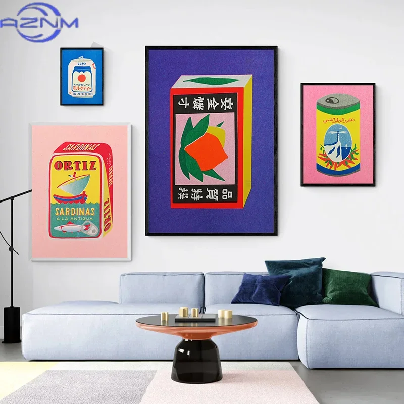 AZNM Japanese Pink Lemon Juice Blossom Ink Canned Sardine Tomato Wall Art Painting Nordic Poster and Print Pictures Living Room