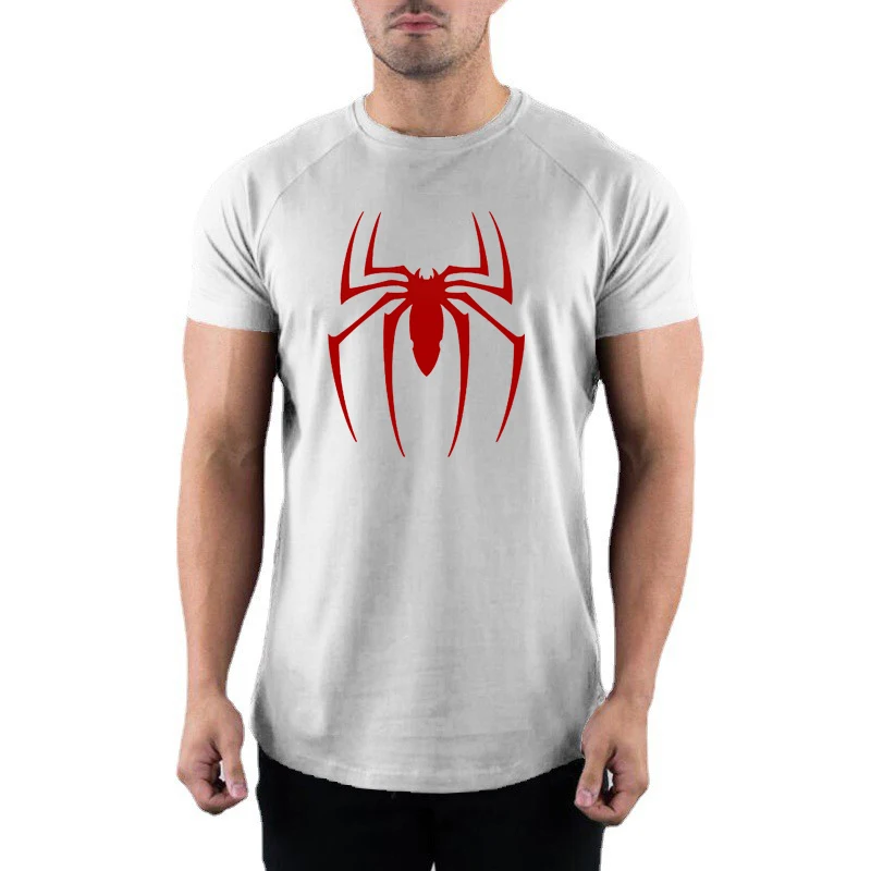 Red Spider Printed Short Sleeve Sport Clothing Gym Bodybuilding Workout Shirts Mens Fitness Muscle Cotton Breathable T-shirts