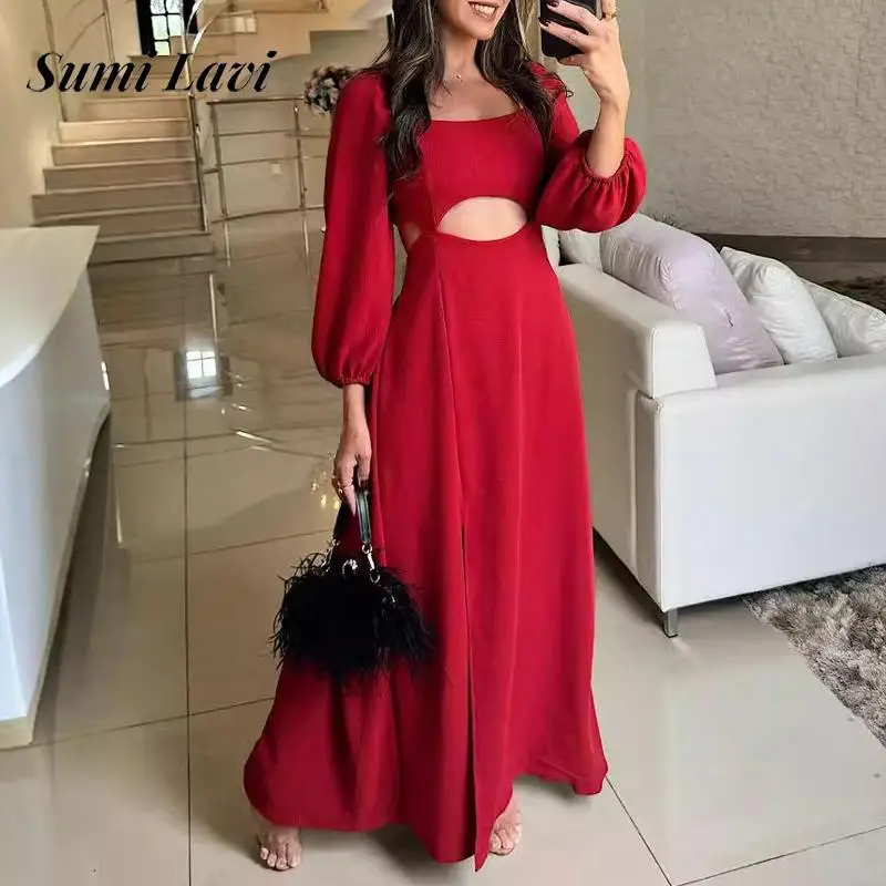 

2024 Elegant Hight Waist Solid Long Dress Women Fashion Square Neck Split Party Dress Casual Long Sleeve Hollow Evening Dresses
