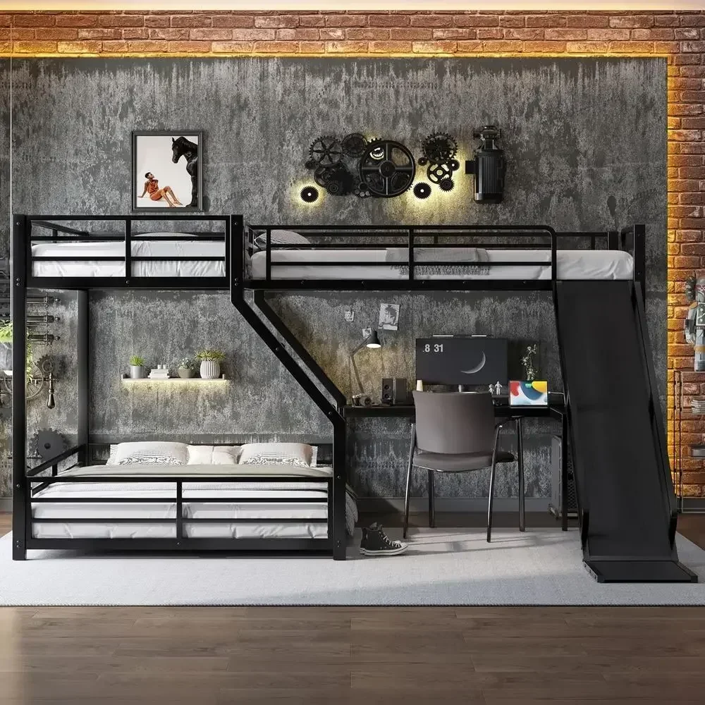 L-Shape Twin XL/Queen Bunk Bed with Desk and Slide, Triple Bunk for 3 Kids, Metal, Black view 4