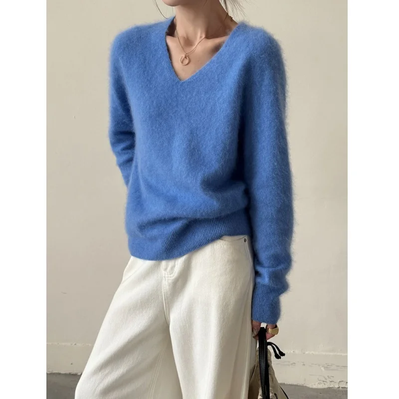 Autumn Winter Cashmere Wool Sweater,V-Neck Soft Chic Knitted Pullovers,4% Cashmere 91% Wool Knitwear