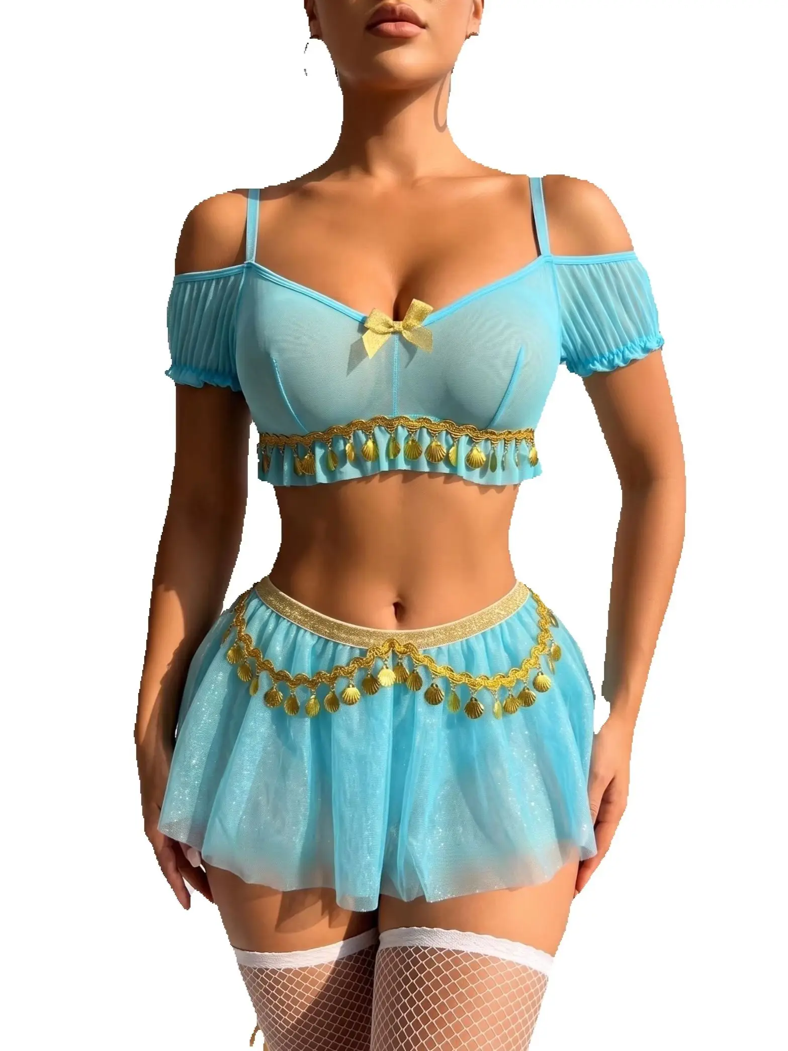 Light Blue Off Shoulder Mesh Lingerie Set, Golden Shell Tassel Bow Decor 3 Piece Costume Outfit, Crop Top + Tulle Skirt + Thong