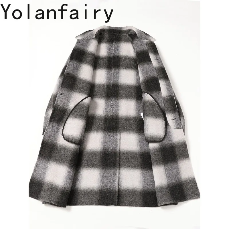 YOLANFAIRY Double‑Faced 65% Wool Coat Men Winter Vintage Plaid  Alpaca Lapel Collar Mid‑Length Casual Woolen Overcoat Casacos