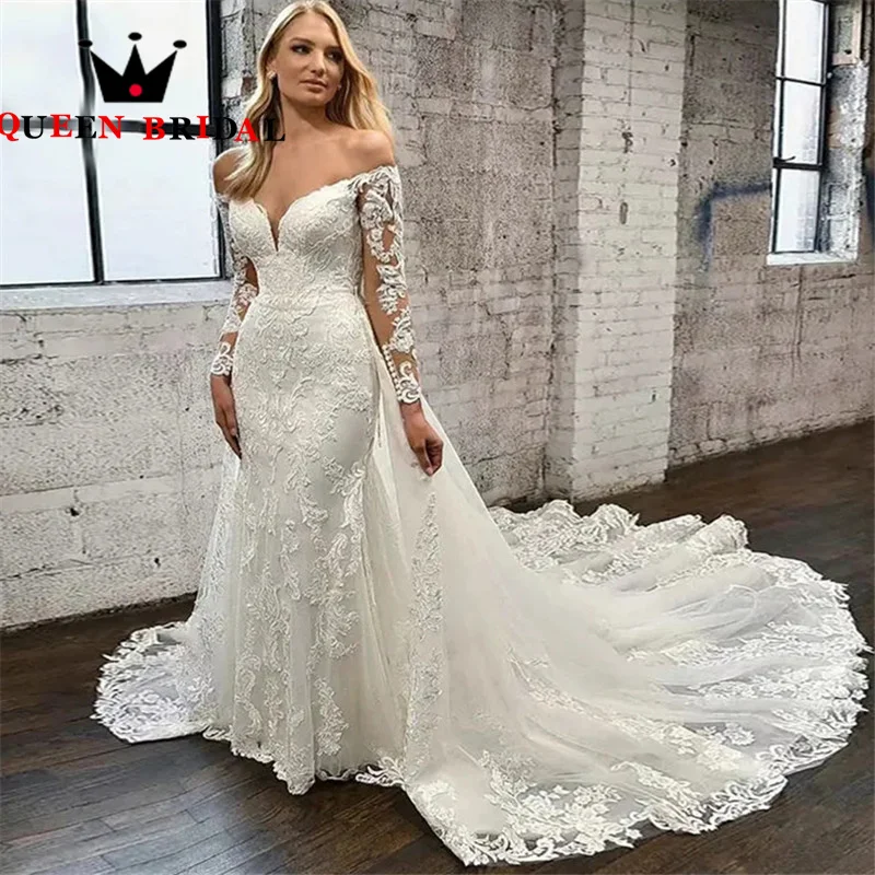 

Lace Appliques Detachable Train Wedding Dresses Long Sleeve Off The Shoulder Mermaid Bridal Gowns Robe De Mariée Custom S60X