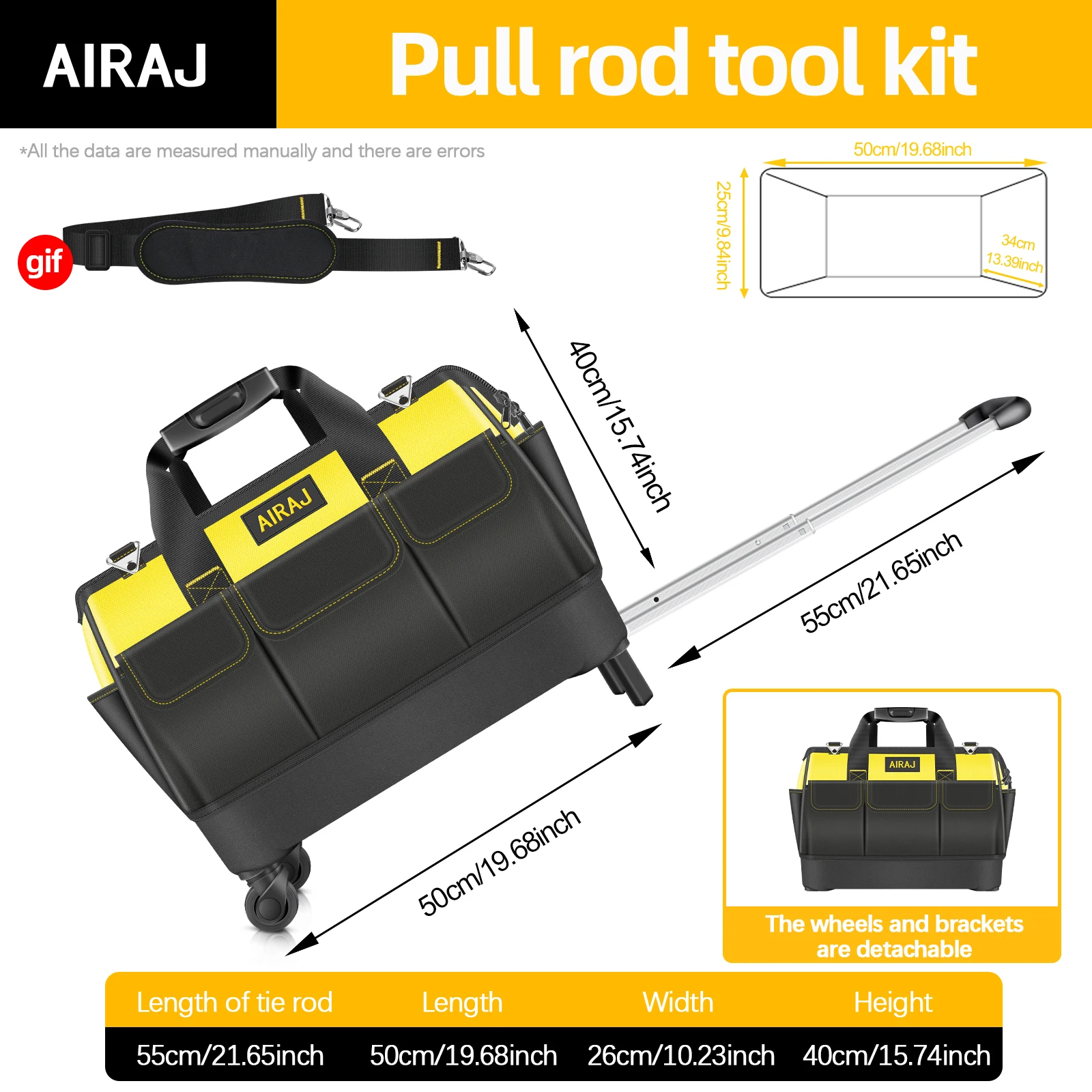 AIRAJ 20" Rolling Tool Box with Wheels & Shoulder Strap Multifunctional Wear Resistant Maintenance Bag Thickened Large Capacity