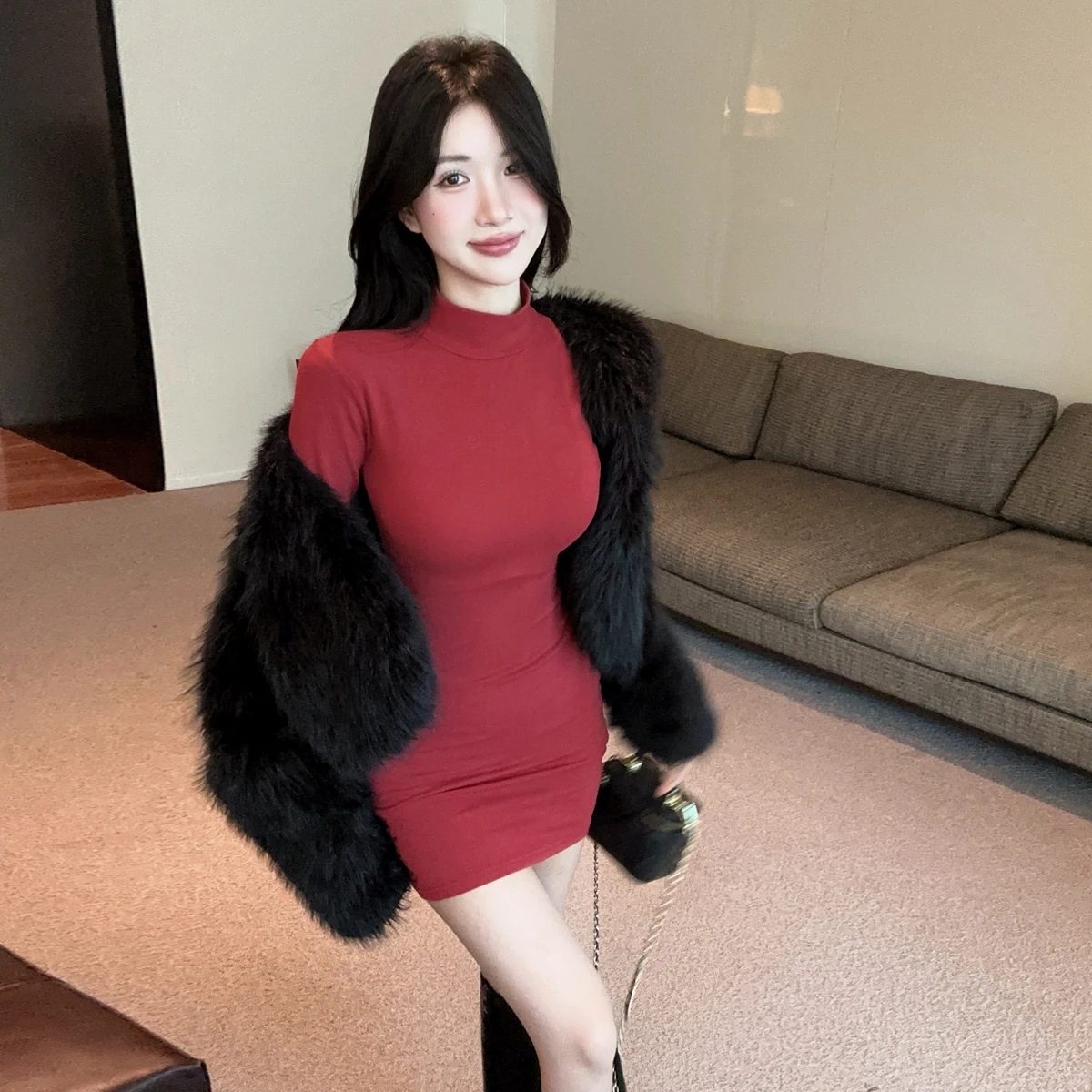 Outono inverno vintage simples f gola alta longa camada base dr casual gola cor envoltório em torno de ort...