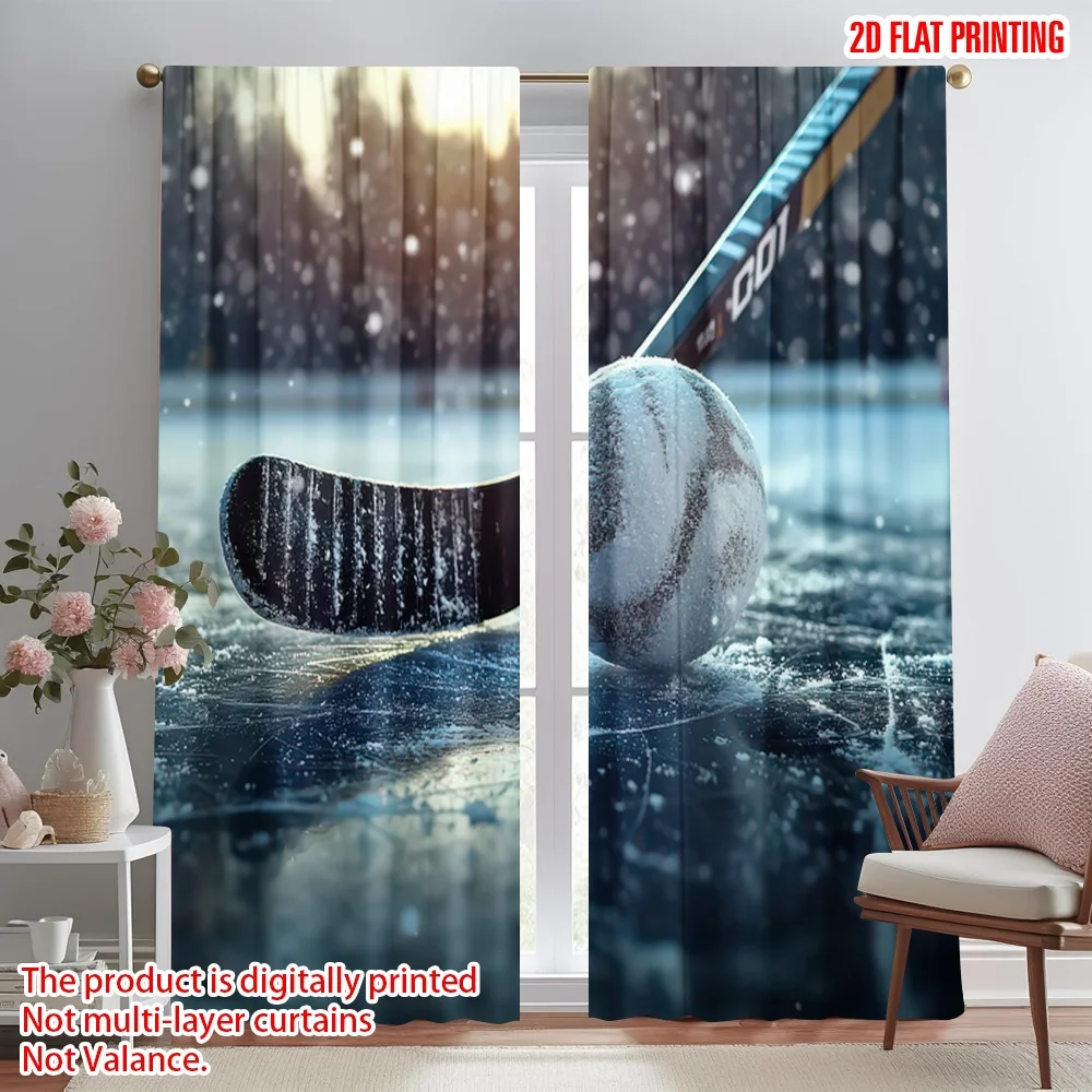 

2D flat printing 2pcs Party Curtains Winter Ice Hockey Scene Digital Printed Polyester Drapes Seasonal Party & Holiday Decor