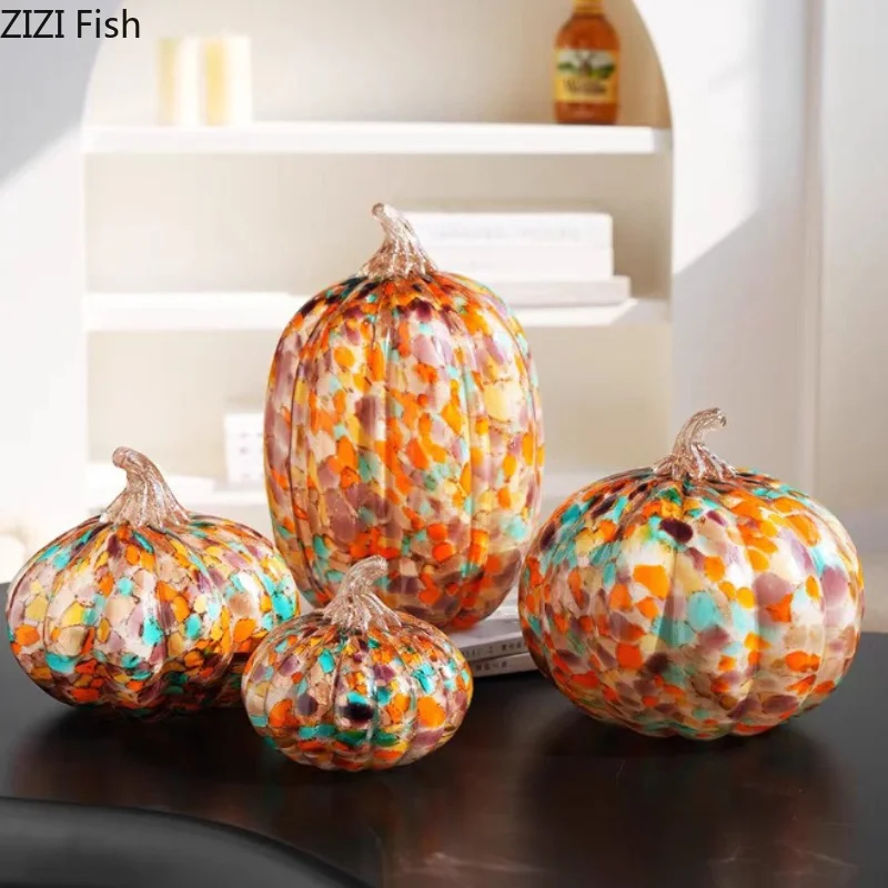 Handmade Glazed Pumpkin Ornament Desktop Decoration Colored Glass Pumpkin Sculpture Model Statue Display Decoration Crafts