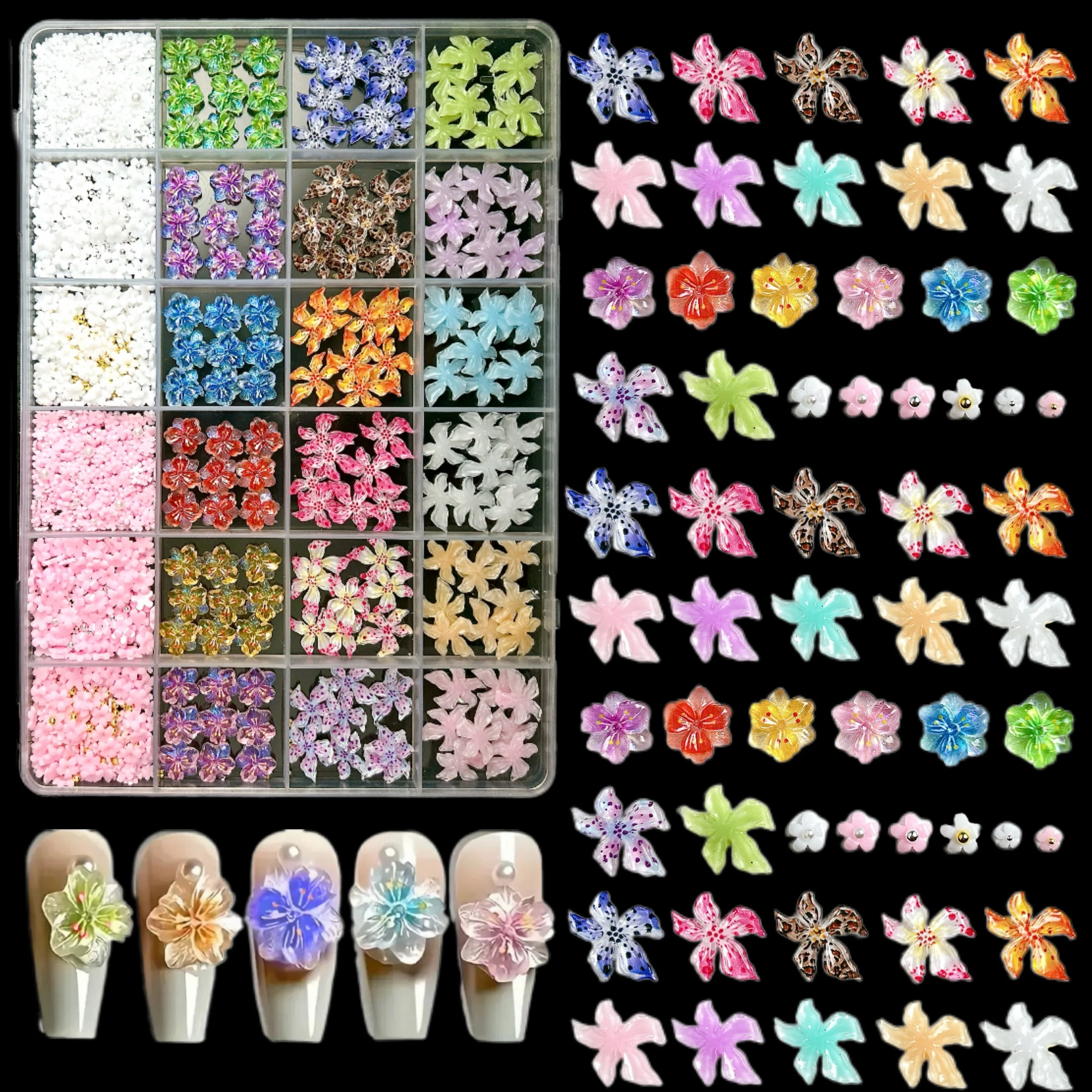 1 scatola di ghiaccio trasparente a cinque petali fiori in resina pendenti per unghie multi-colori creativi morbidi fiori di mulino a vento decorazioni per unghie fai da te