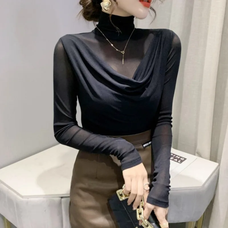 #8412 Spring Autumn Turtleneck T Shirt Women Solid Color Skinny Women\'s T-shirt Mesh Sleeve False Two Piece T Shirt Korean Style