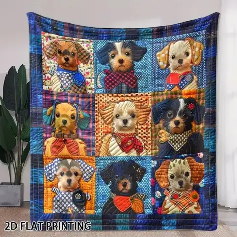 VIKAMA Patchwork Puppy Flannel Air Conditioner Throw Blanket Vintage Quilt Dog Print Soft Warm Sofa Bedroom Pet Lover Decor