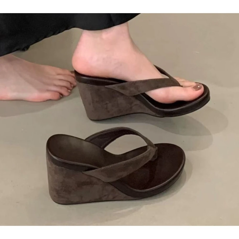 

Designer Summer Leopard Print Clip Toe Platform Wedges Women Slippers Fashion Thick Bottom High Heels Flip Flops Shoes