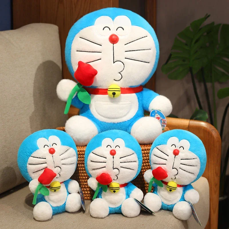 Original com etiqueta rosa flor doraemon plushies boneca doraemon recheado anime bonito fofinho dolldoraemon brinquedo de pelúcia presentes