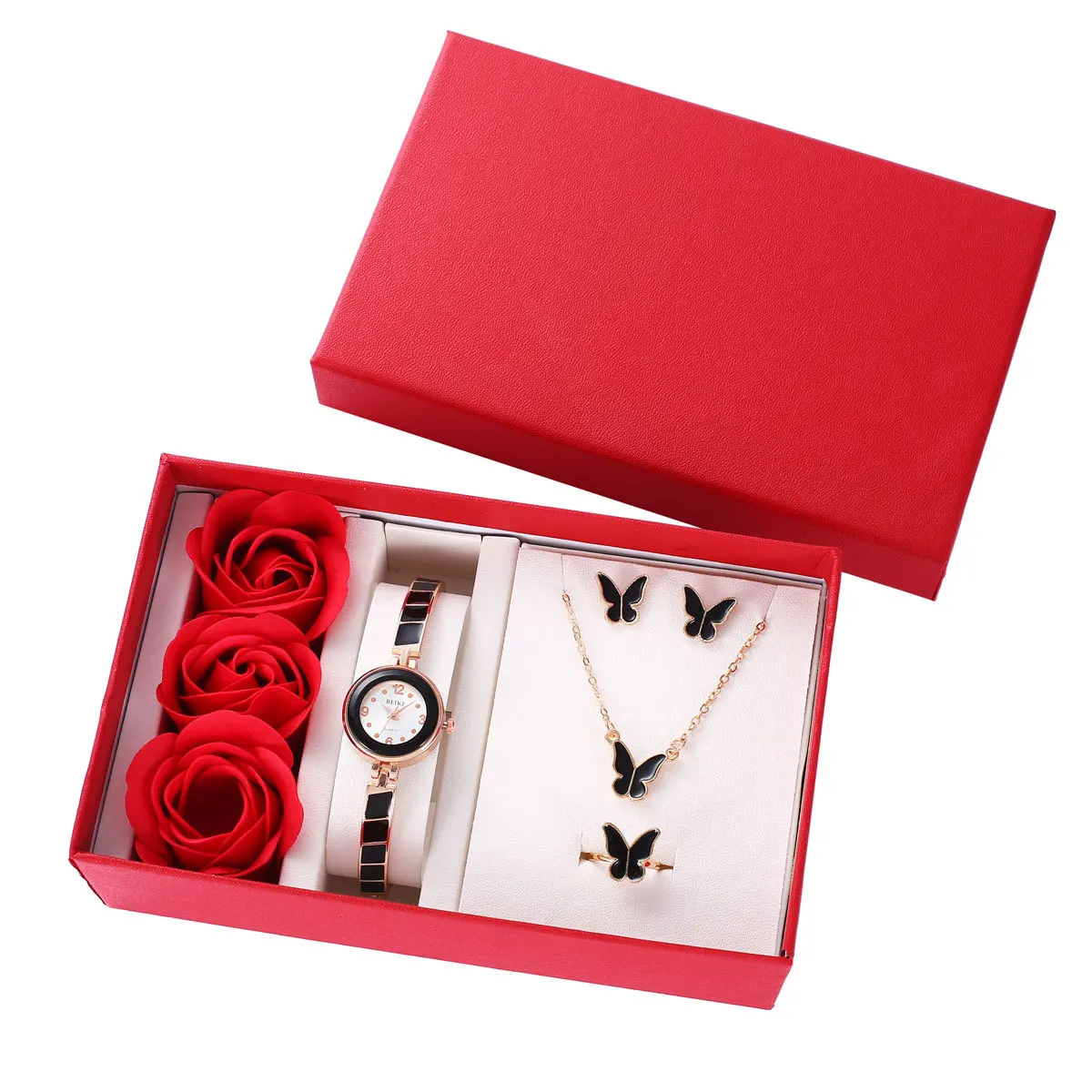 4PCS Set Women Bracelet Watches New Hot Luxury Ladies Stainless Steel Wrist Quartz Watch For Valentine's Day Birthday Box Gifts