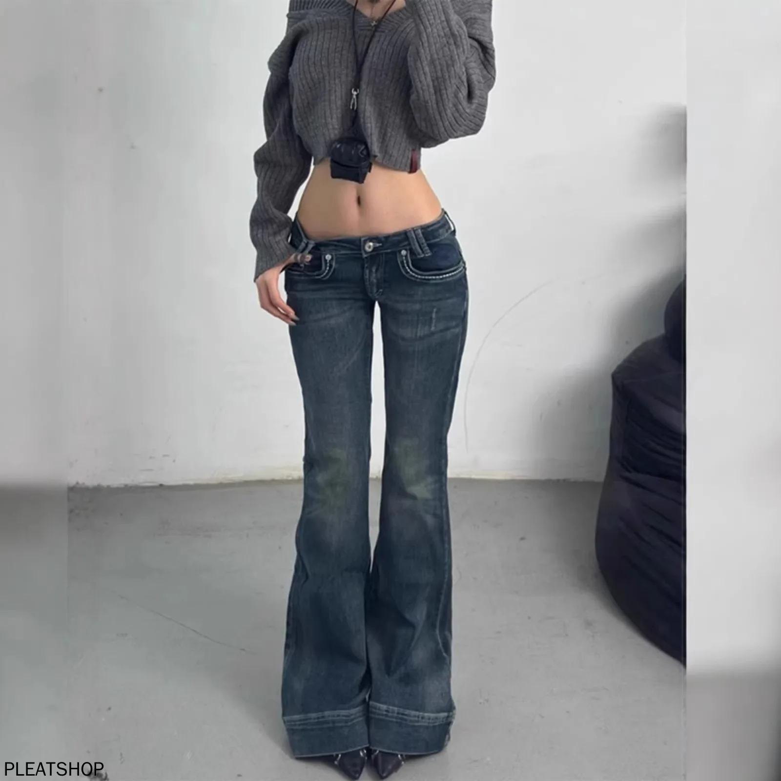 American Hot Girl Low-waist Tight Denim Bootcut Pants Women Autumn for Small People, Old Washed Horseshoe Floor-length Trousers