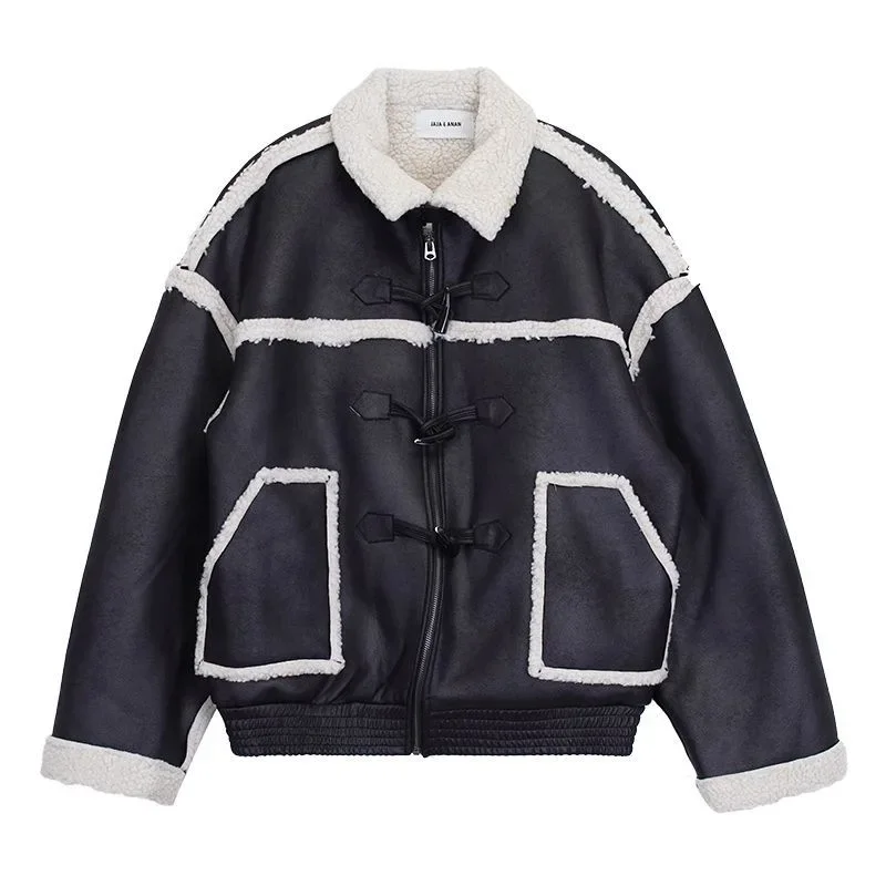 Men's Loose,casual,Thick and Warm Leather Jacket. New Autumn Winter Fashion: Retro Faux Fur Combined with Wool and Cotton Coats