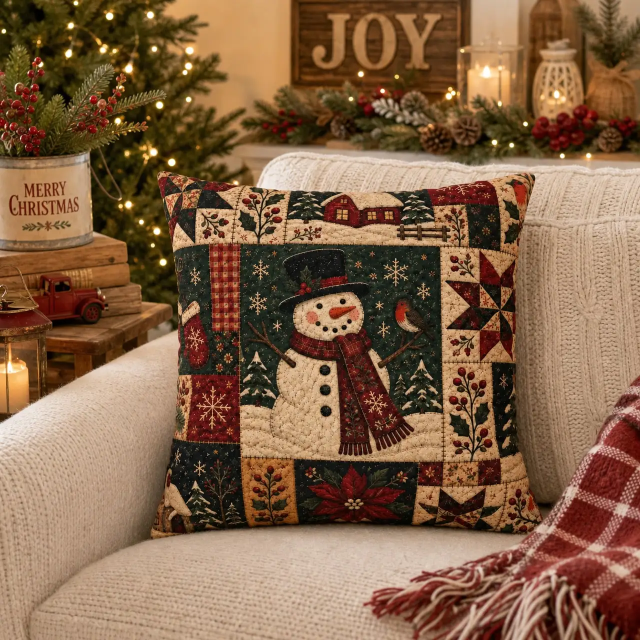 1Pc Christmas Patchwork Throw Pillow Cover,Velvet Decorative Pillow Cover,Cushion Cover With Vintage Snowman Wreath Design,Envelope Closure,Double-Sided 2D Flat Printed,Pillowcase For Sofa Decor,Christmas Room Decor(No Embroidery)