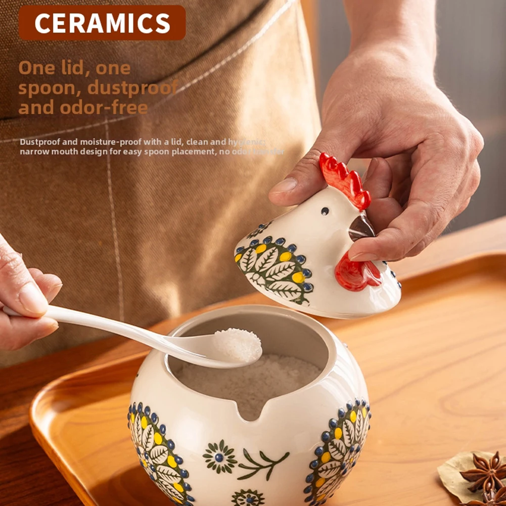

Cute Chicken Seasoning Jar With Lid And Spoon Ceramic Underglaze Painting And Hand-Painted Kitchen Canisters For Salt Sugars