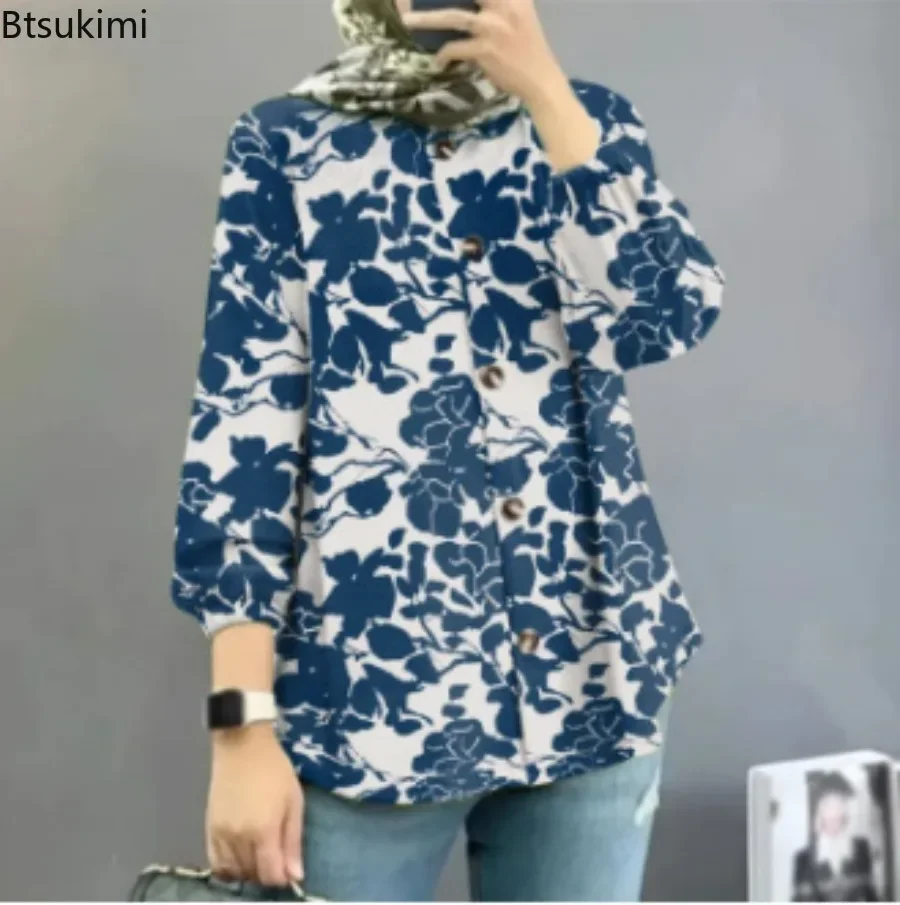 2025 Women Bohemian Blouse Vintage Floral Print Long Sleeve Lace-up Shirt Tops Casual Fashion Muslim Abaya Holiday Blusas Mujer