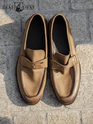 Fashion Business Men Work Formal Shoes Slip On Loafers Cowhide Genuine Leather Moccasin Gommino Summer Comfortable Driving Shoes