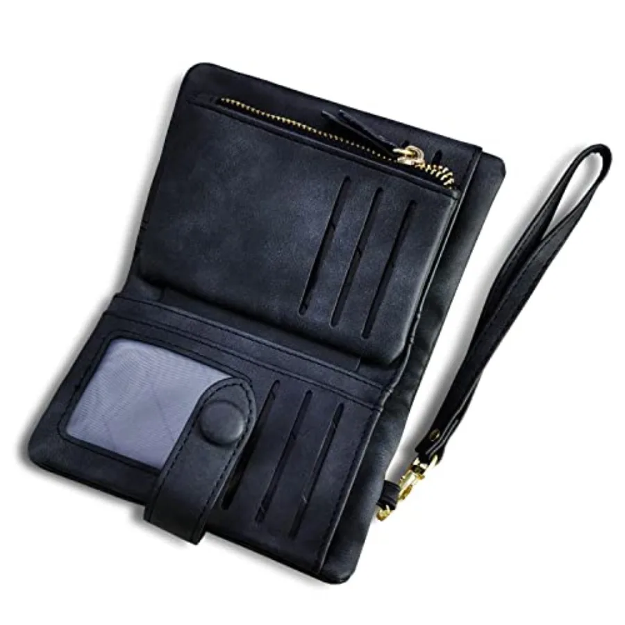 

Women's Small Bifold Leather wallet Rfid blocking Ladies Wristlet with Card holder id window Coin Purse
