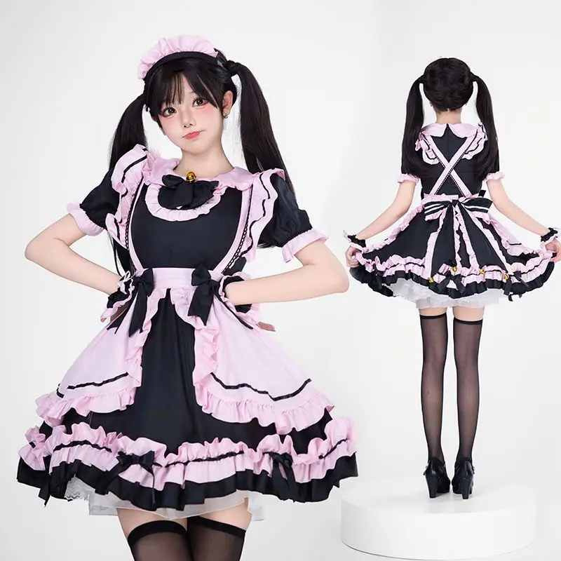 Meid Cosplay Kostuum Vrouwen Zwart Roze Meisje Lolita Jurk Schattige Kat Bell Uniform Cosplay Anime Disfraz 5-delige Set