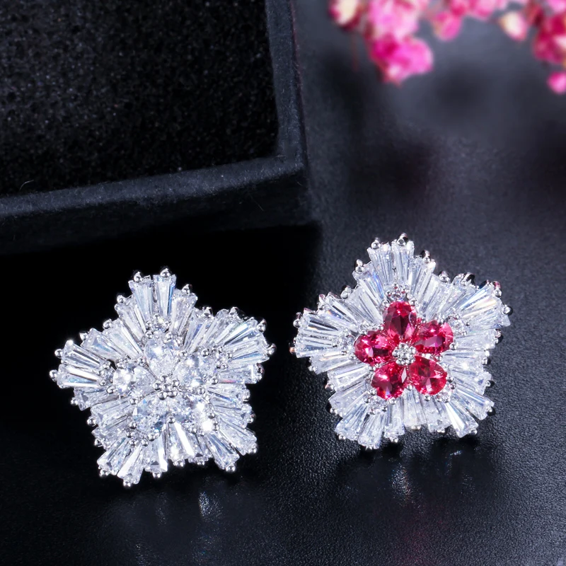 CWWZircons Korean New Fashion Brand Jewelry Rose Red Cubic Zirconia Crystal Flower Christmas Earrings Presents for Women CZ179