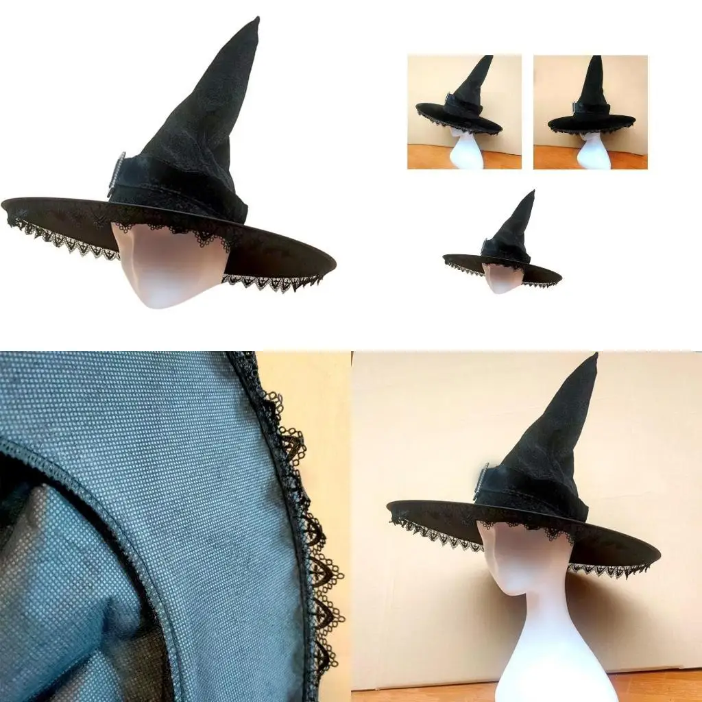 

652F Witch Hat Party Accessory with Lace Silver Buckle Delicate Wizard Hat