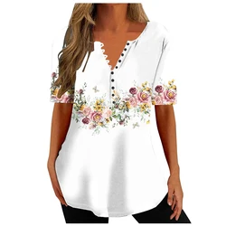 Women Blouse Graphic T-Shirt 3D Flower Print White Tees Fashion V-Neck Button Short Sleeve Streetwear Casual Tops Y2K Summer