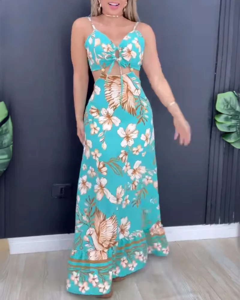 ชุดชายหาดผู้หญิงฤดูร้อนเซ็กซี่ชุดผู้หญิงดอกไม้พิมพ์ V คอ Camisole ยาวชุดลําลอง Backless ผูกรายละเอียดชุด