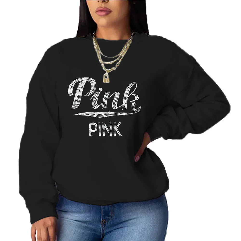 Pink Printed Letter Women Casual Sweatshirt Autumn Winter 2024 New Full Sleeve Plus Size Women Tops New Year Ladies Home Pants