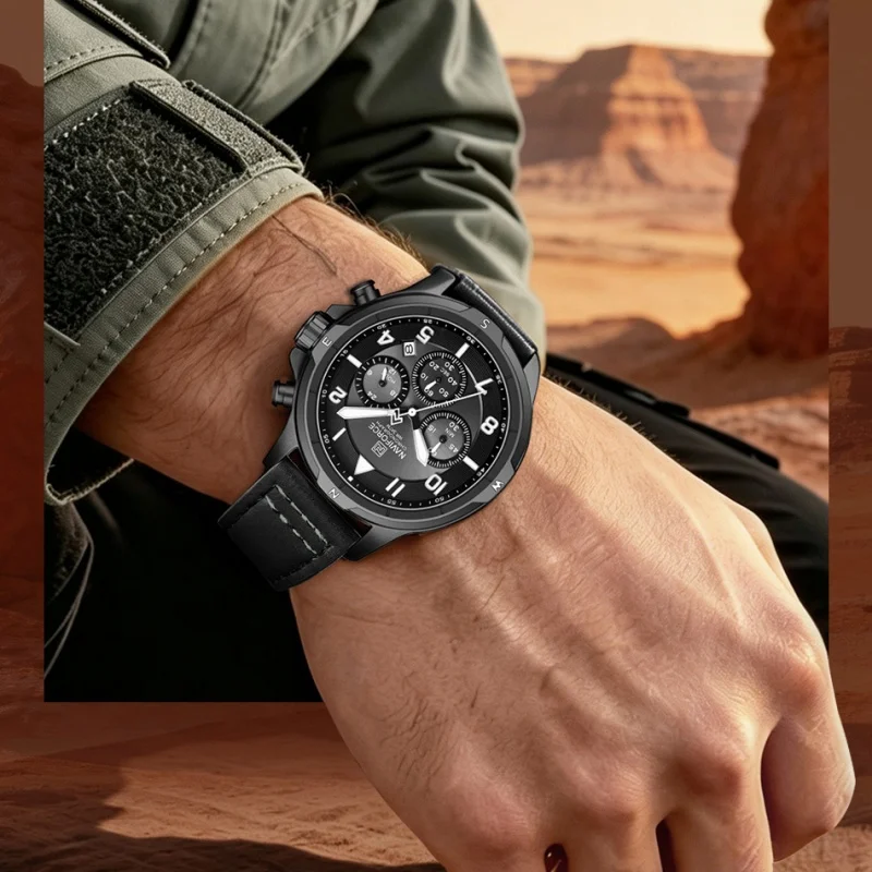NAVIFORCE Unique Design Quartz Watches for Men Chronograph Waterproof Genuine Leather Strap Trendy Man Daily Wear Business Clock