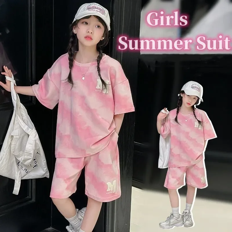 

Summer Girls Cotton Tie Dye Gradient Pink Alphabet T-Shirt Top+Shorts School Kids 2PCS Tracksuit Child Outfit Workout Set 5-16Yr