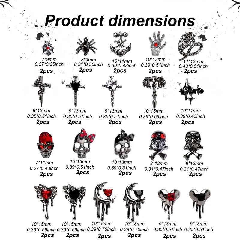 42PCS  Gothic Black Nail Charms Set - Skull Spider Heart Sword Alloy Studs, Dark Punk Halloween Nail Art Decor for Acrylic Nails