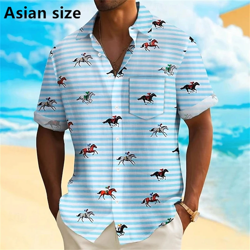Hawaii Shirt For Men Summer Casual 3D Printed Horse Racing Pattern Beach Vacation Shirts 2025 New Fashion Short Sleeves Blouse