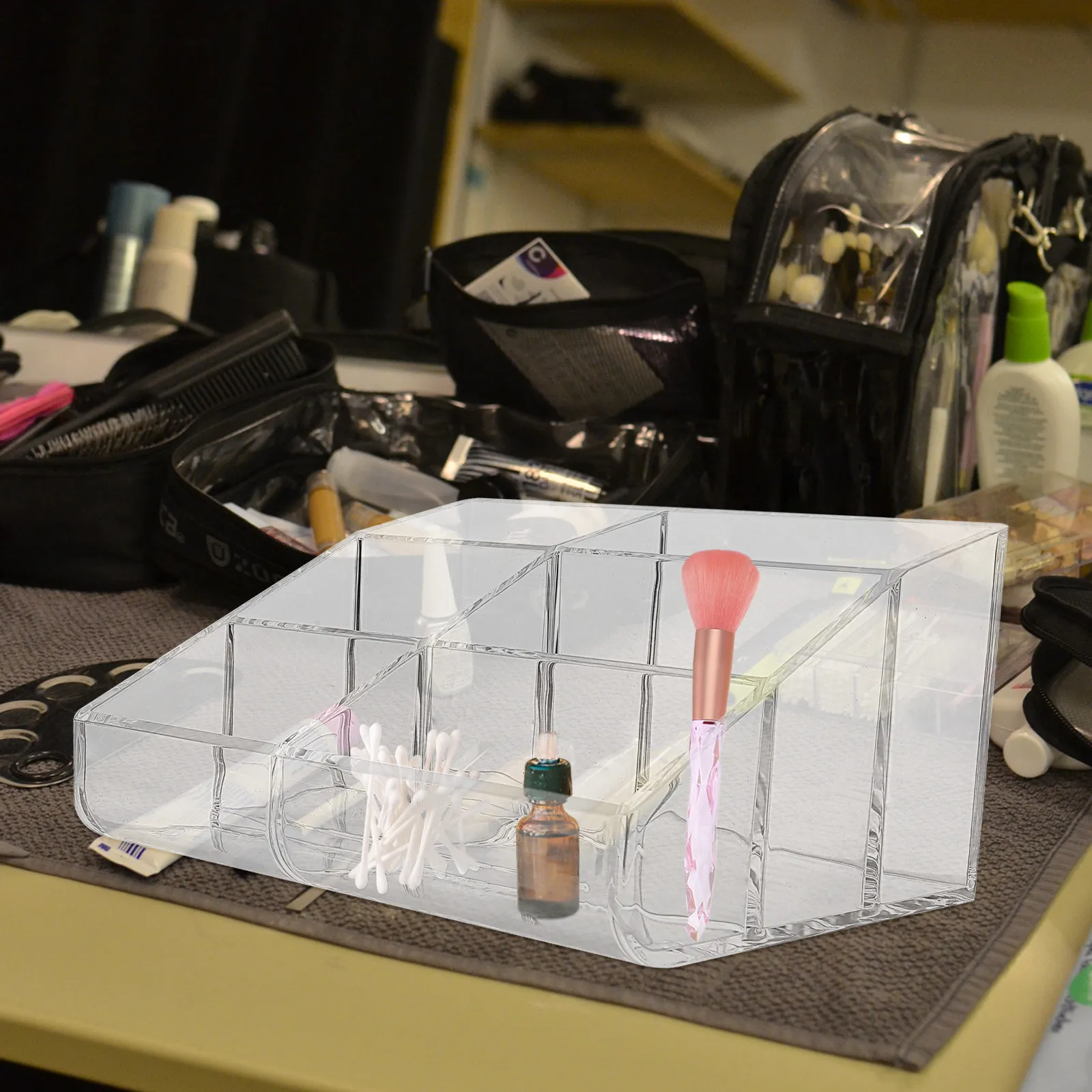6-compartment-clear-acrylic-makeup-organizer-desktop-storage-case-fine-workmanship-sloped-sides-front-access-vanity