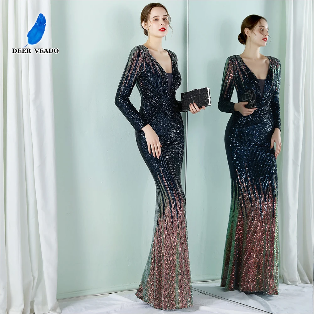 DEERVEADO Elegant Long Evening Dress for Women Mermaid V Neck Gradient Sequin Dress Party Evening Gown Formal Dress