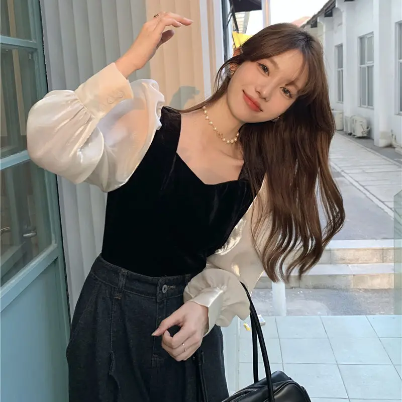 Blouses Women Patchwork Slim Puff Sleeve V-neck Design Elegant Gentle Sweet All-match Casual Cozy Chic Fashion Retro Ulzzang Ins