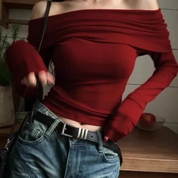 Black Sexy Off Shoulder Long Sleeve T Shirts Women Vintage Elegant Autumn Winter New Pullovers Fashion Y2K All Match Crop Tops