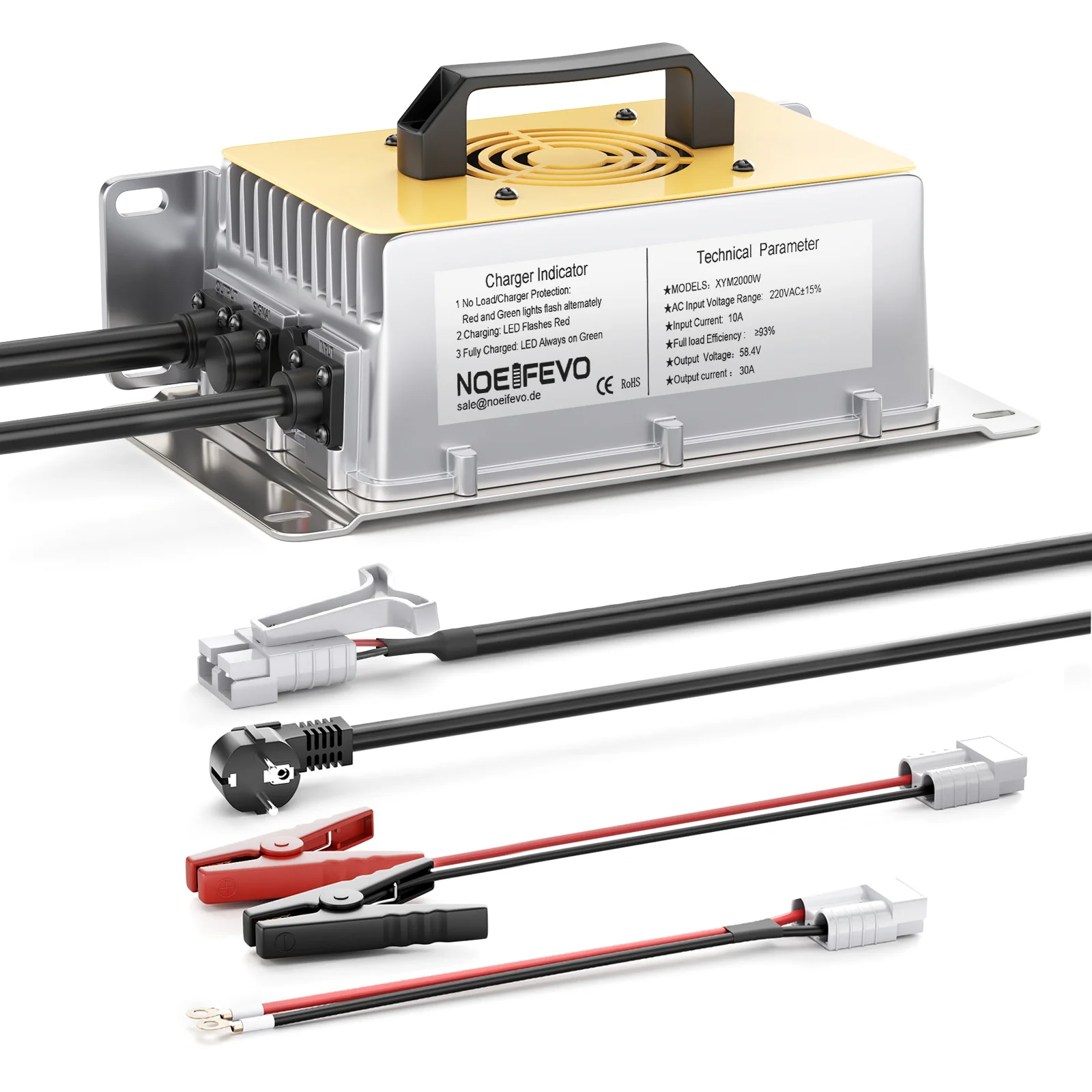 NOEIFEVO Caricabatteria al litio LiFePO4 48V (51,2V) 30A, IP65 impermeabile, 0V BMS attivato, caricabatterie rapido 58,4V per batteria 16S
